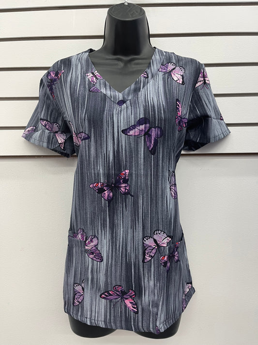 LAST FEW - 1361GR Purple Subtle Butterfly Printed Zinnia Women Scrub top