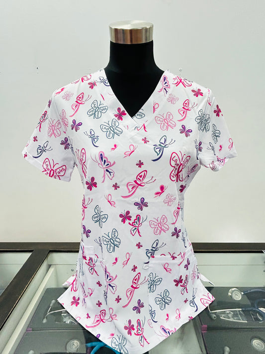 1821WH Cute Butterfly Pink Cancer Survivor Zinnia Women's Printed Scrub Top
