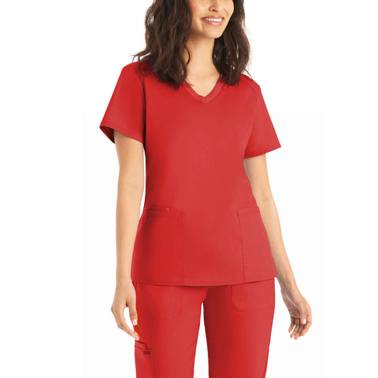 LT105 True Red and Navy White Cross Landau Proflex Women's 3- Pocket V- Neck Scrub Top