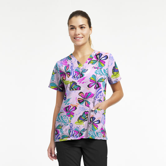 618BUDE - BUTTERFLY DELIGHT WHITECROSS PRINTED V-NECK SCRUB TOP