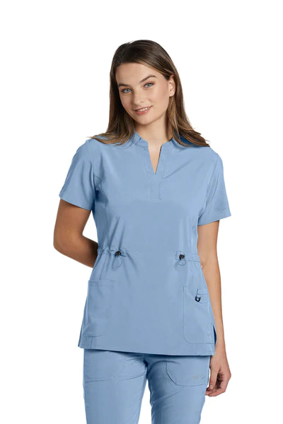 LAST FEW - 700 White Cross Fit Mandarin Collar Henley Cinched Women's Scrub Top