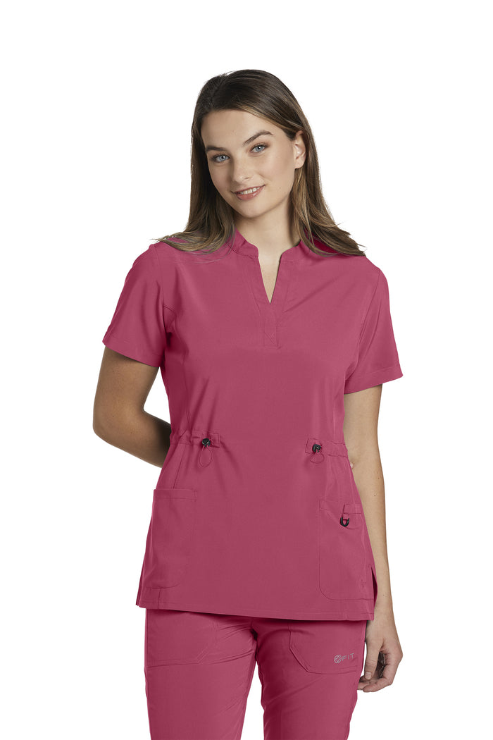 LAST FEW - 700 White Cross Fit Mandarin Collar Henley Cinched Women's Scrub Top