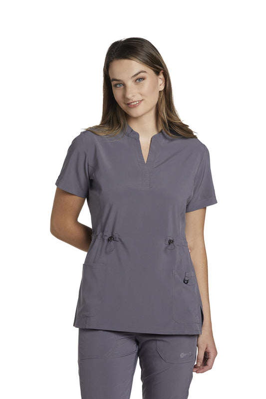 LAST ONE - 700 White Cross Fit Mandarin Collar Henley Cinched Women's Scrub Top