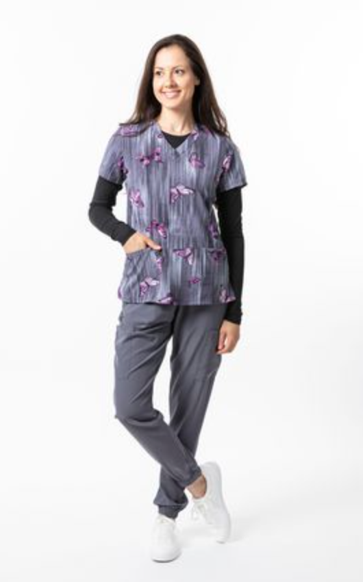 LAST FEW Purple and Grey Butterfly Zinnia Printed Scrub Top